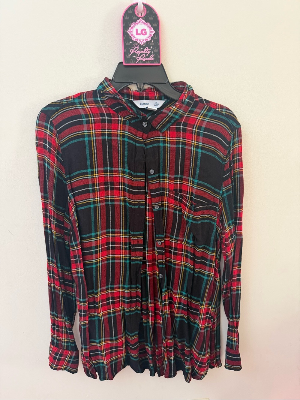 Old Navy Red, Black & Green Plaid Button-Down Shirt